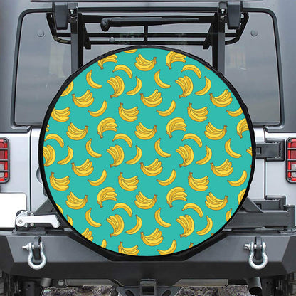 Teal Banana Pattern Print Leather Spare Tire Cover