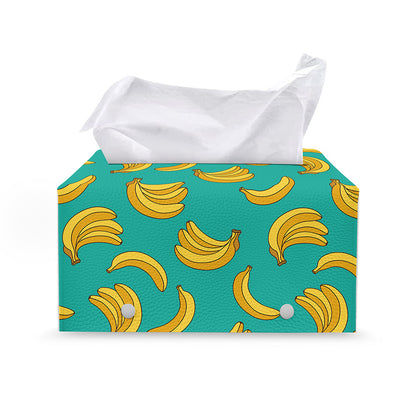 Teal Banana Pattern Print Leather Tissue Box Cover