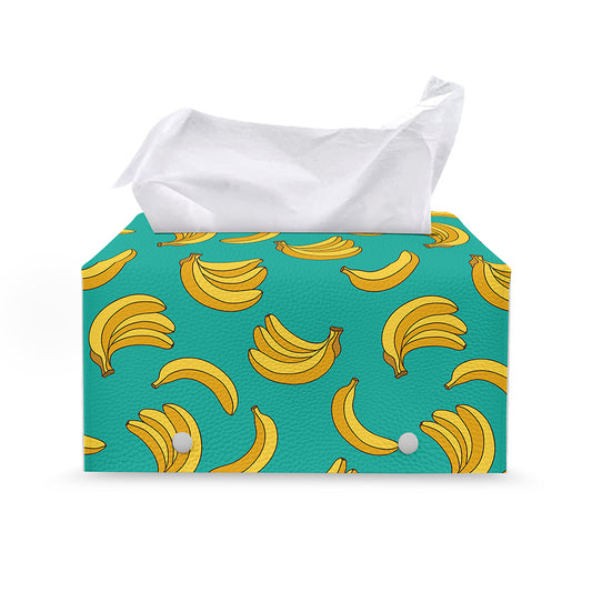 Teal Banana Pattern Print Leather Tissue Box Cover