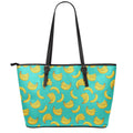 Teal Banana Pattern Print Leather Tote Bag With Zipper