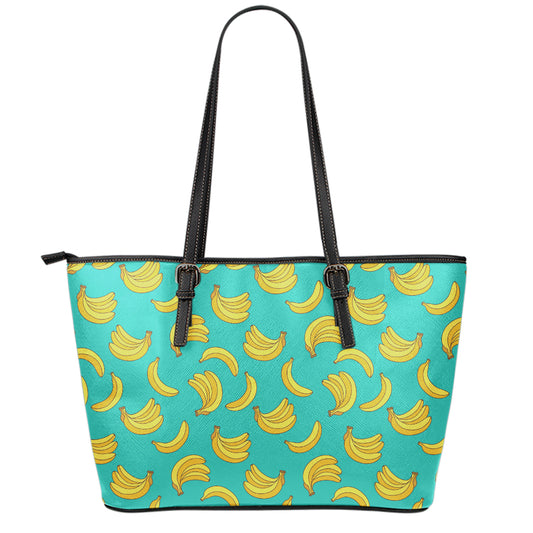 Teal Banana Pattern Print Leather Tote Bag