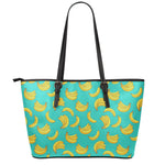 Teal Banana Pattern Print Leather Tote Bag