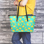Teal Banana Pattern Print Leather Tote Bag