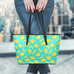 Teal Banana Pattern Print Leather Tote Bag