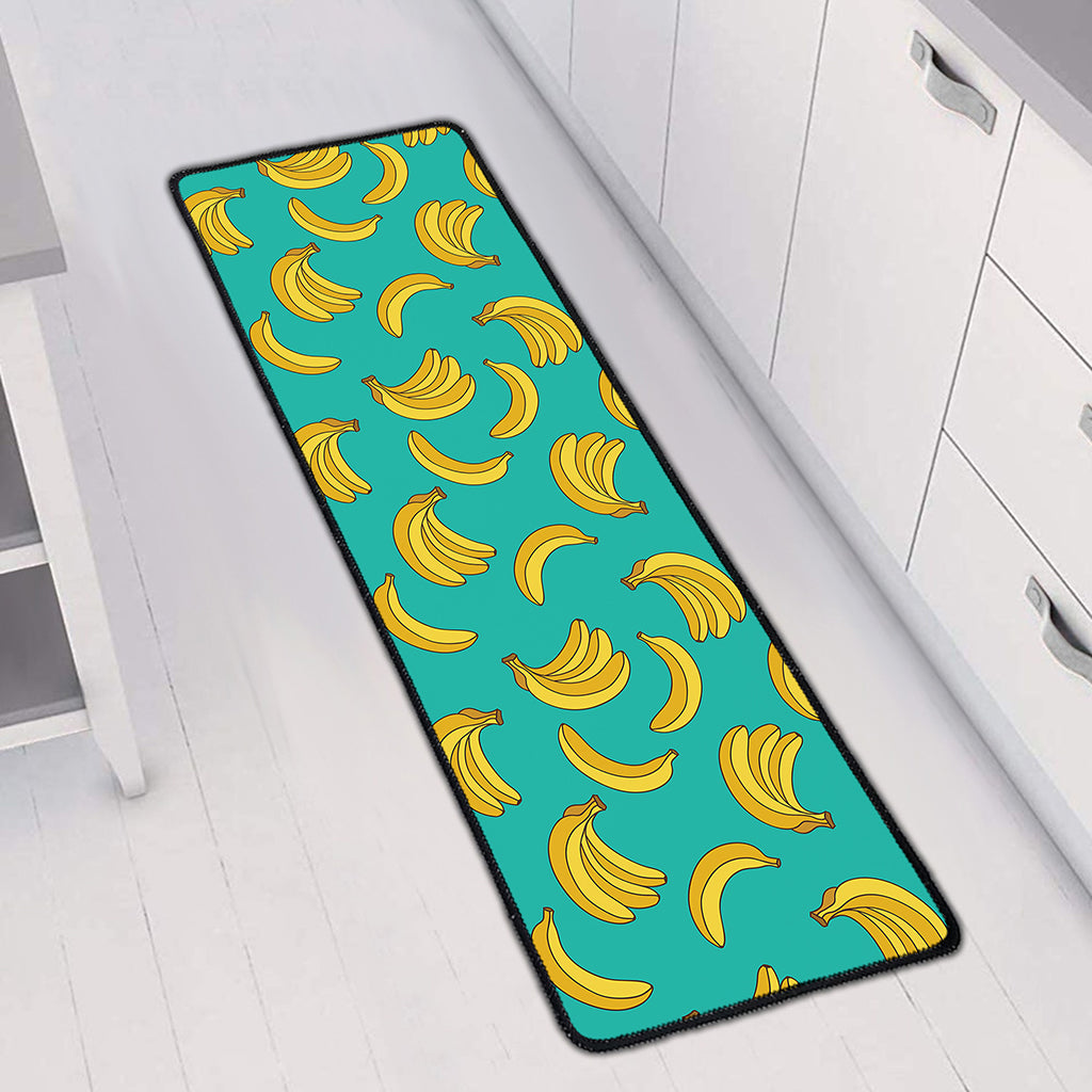 Teal Banana Pattern Print Long Kitchen Mat
