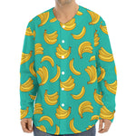 Teal Banana Pattern Print Long Sleeve Baseball Jersey
