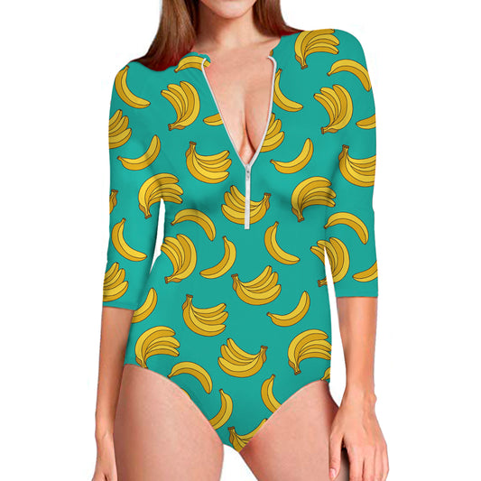 Teal Banana Pattern Print Long Sleeve Swimsuit