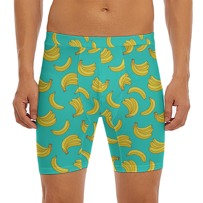 Teal Banana Pattern Print Men's Long Boxer Briefs