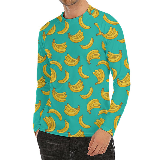 Teal Banana Pattern Print Men's Long Sleeve Rash Guard