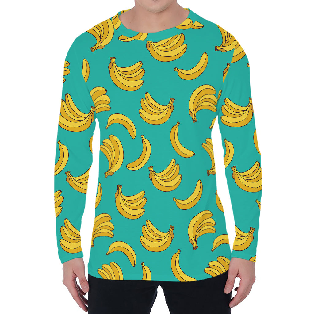 Teal Banana Pattern Print Men's Long Sleeve T-Shirt