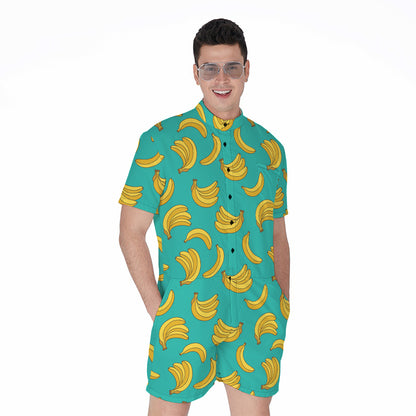 Teal Banana Pattern Print Men's Rompers