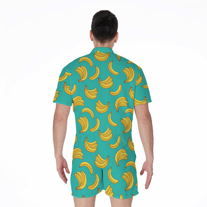 Teal Banana Pattern Print Men's Rompers