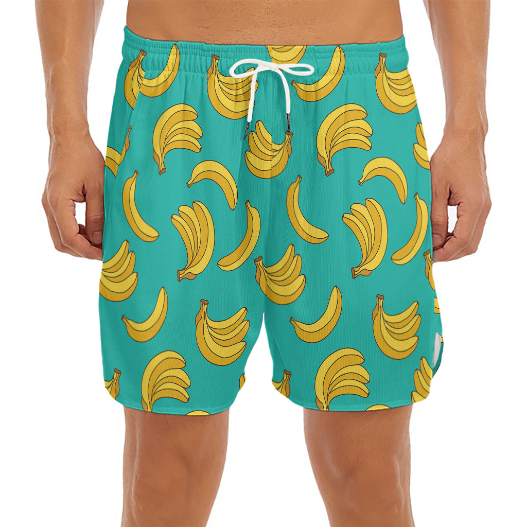 Teal Banana Pattern Print Men's Split Running Shorts