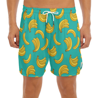 Teal Banana Pattern Print Men's Split Running Shorts