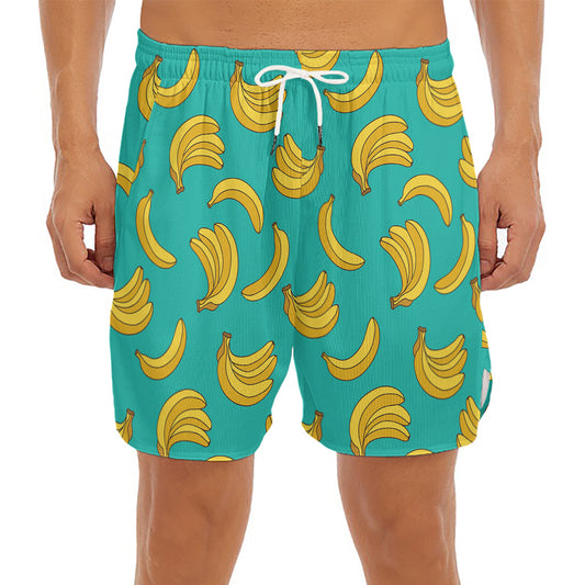 Teal Banana Pattern Print Men's Split Running Shorts