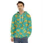 Teal Banana Pattern Print Men's Velvet Pullover Hoodie