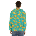 Teal Banana Pattern Print Men's Velvet Pullover Hoodie