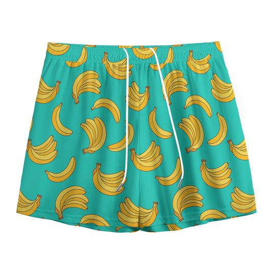 Teal Banana Pattern Print Mesh Shorts