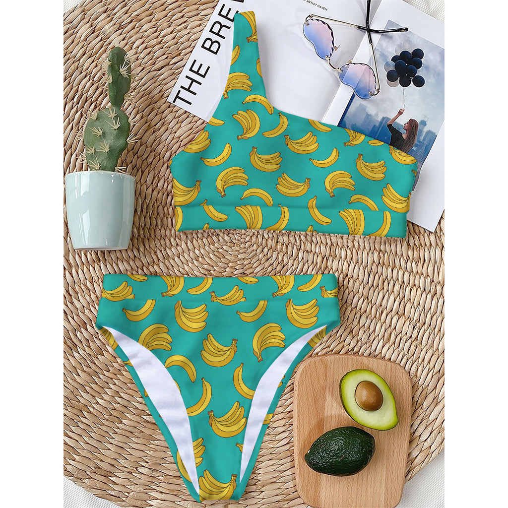 Teal Banana Pattern Print One Shoulder Bikini Top