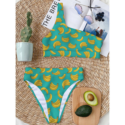 Teal Banana Pattern Print One Shoulder Bikini Top