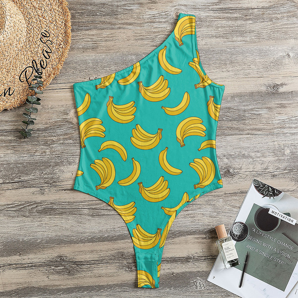 Teal Banana Pattern Print One Shoulder Bodysuit