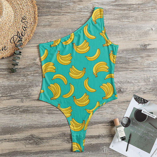 Teal Banana Pattern Print One Shoulder Bodysuit