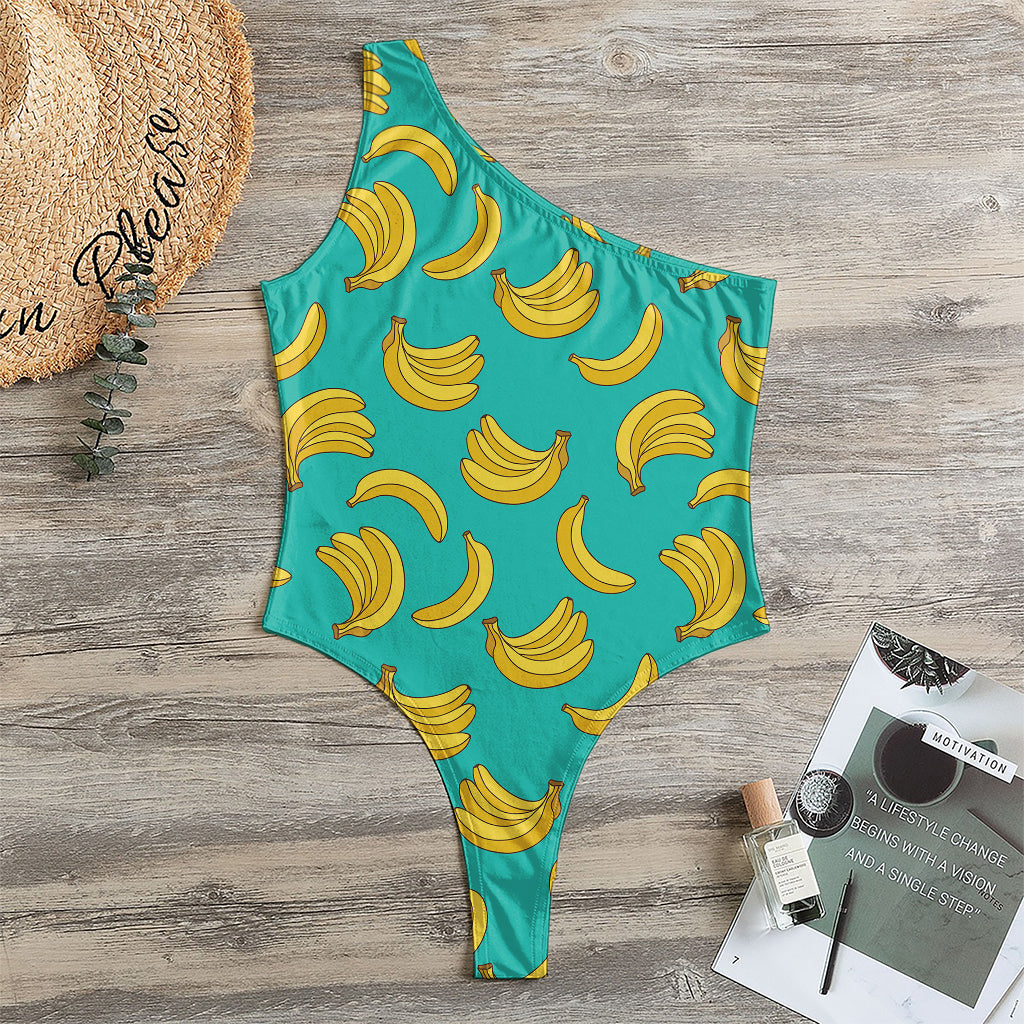 Teal Banana Pattern Print One Shoulder Bodysuit