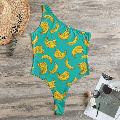 Teal Banana Pattern Print One Shoulder Bodysuit