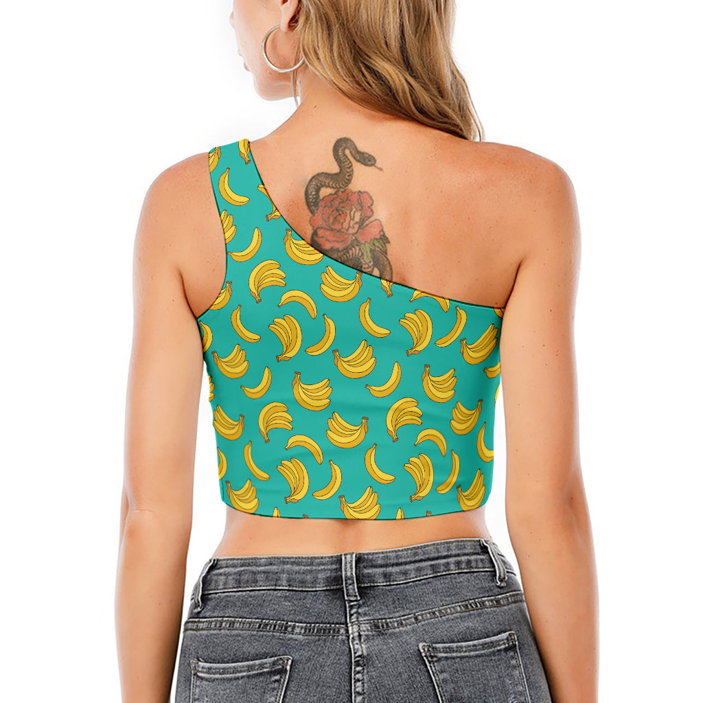 Teal Banana Pattern Print One Shoulder Crop Top