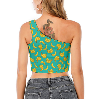 Teal Banana Pattern Print One Shoulder Crop Top