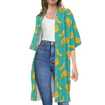 Teal Banana Pattern Print Open Front Beach Cover Up