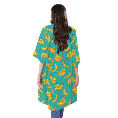 Teal Banana Pattern Print Open Front Beach Cover Up