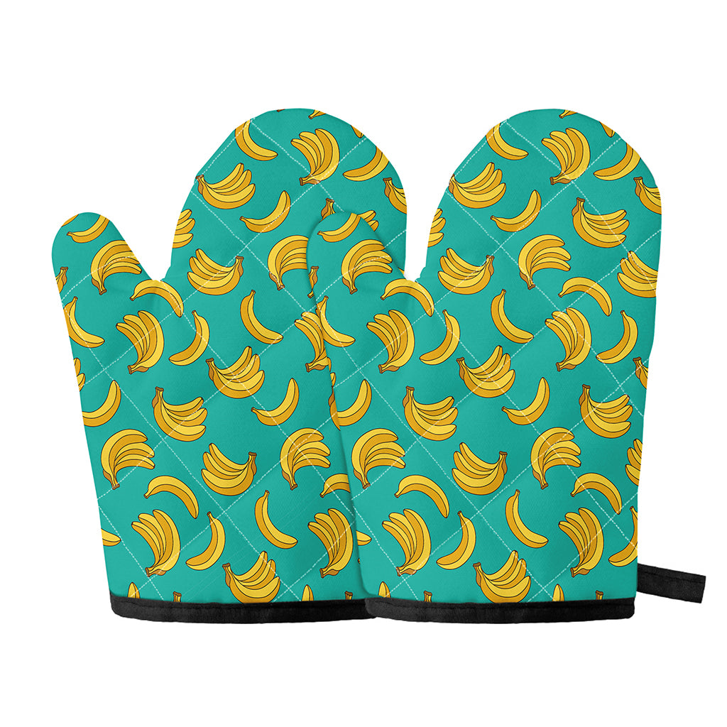 Teal Banana Pattern Print Oven Mitts