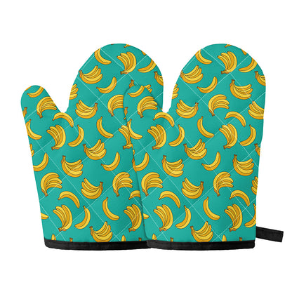 Teal Banana Pattern Print Oven Mitts
