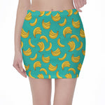 Teal Banana Pattern Print Pencil Mini Skirt