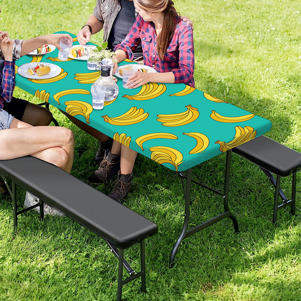 Teal Banana Pattern Print Picnic Table Cover