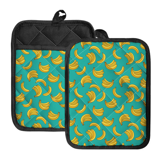 Teal Banana Pattern Print Pot Holders With Pocket