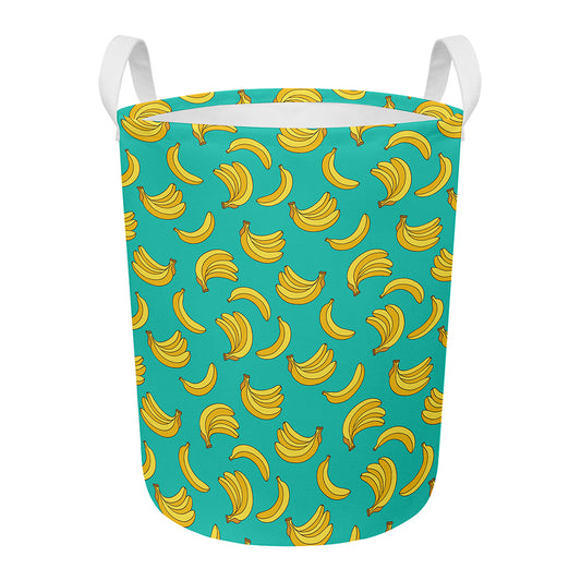 Teal Banana Pattern Print Round Laundry Basket