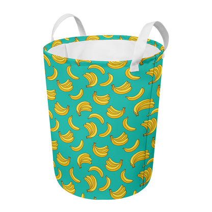 Teal Banana Pattern Print Round Laundry Basket