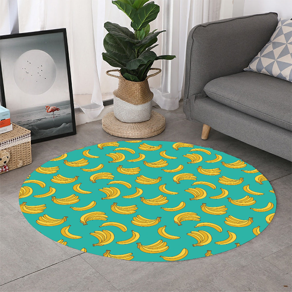 Teal Banana Pattern Print Round Rug
