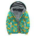 Teal Banana Pattern Print Sherpa Lined Zip Up Hoodie