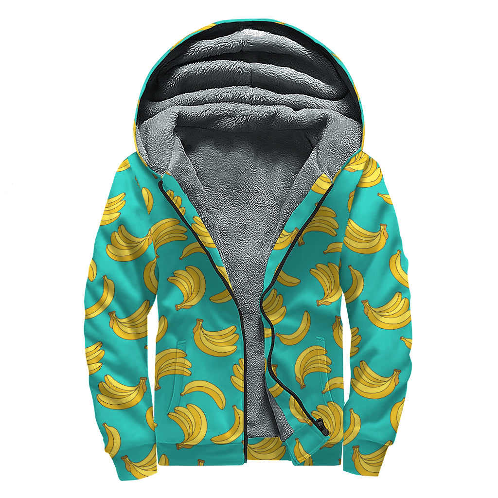 Teal Banana Pattern Print Sherpa Lined Zip Up Hoodie