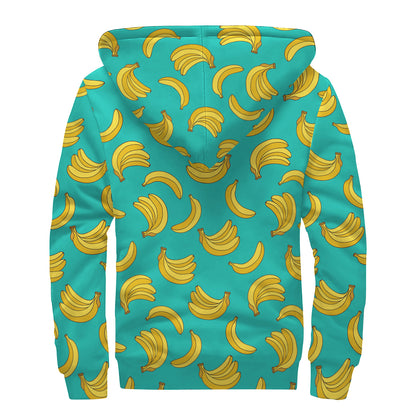 Teal Banana Pattern Print Sherpa Lined Zip Up Hoodie