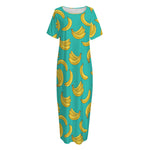 Teal Banana Pattern Print Short Sleeve Long Nightdress