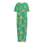 Teal Banana Pattern Print Short Sleeve Long Nightdress