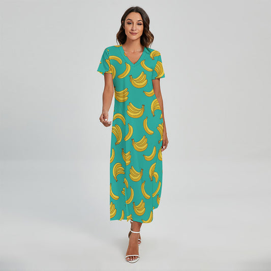 Teal Banana Pattern Print Short Sleeve Maxi Dress