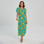 Teal Banana Pattern Print Short Sleeve Maxi Dress