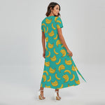 Teal Banana Pattern Print Short Sleeve Maxi Dress