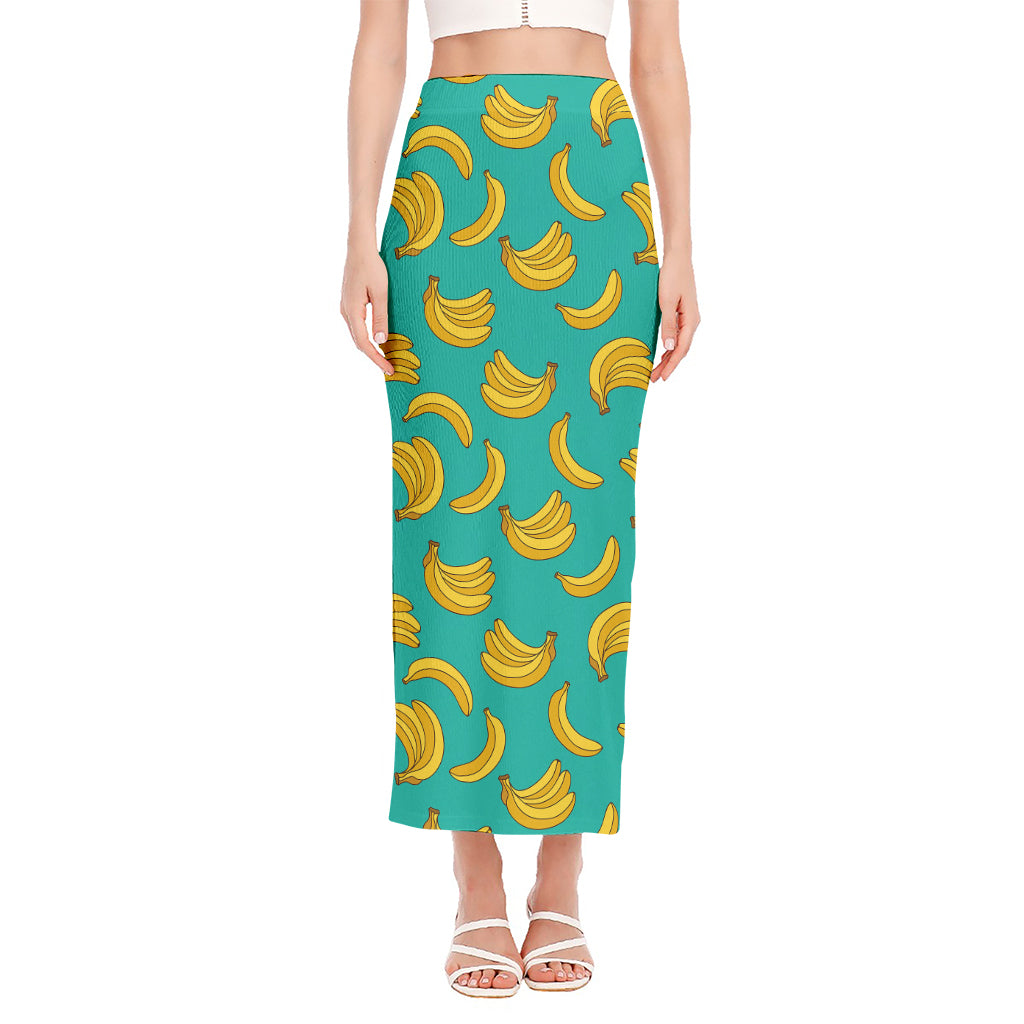 Teal Banana Pattern Print Side Slit Maxi Skirt