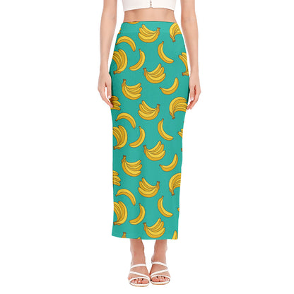Teal Banana Pattern Print Side Slit Maxi Skirt